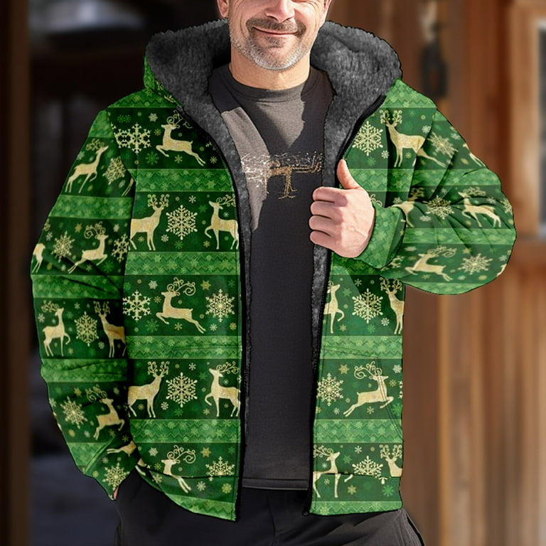 Brnmxoke Mens Winter Coats Heavy Warm Sherpa Lined Fleece Jacket Christmas Reindeer Snowflakes Print Flannel Jacket Men Plus Size S 5XL Big Tall Mens