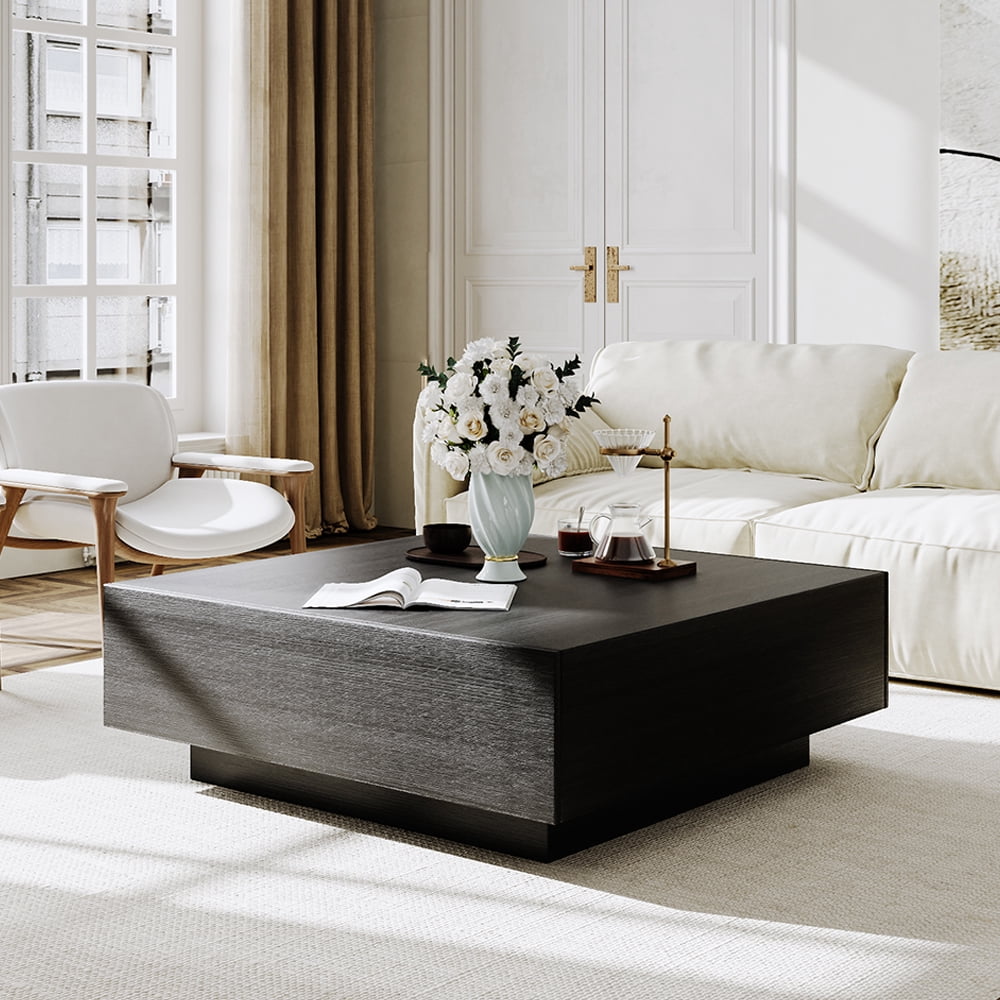 POVISON Mid Century Modern Coffee Table, Minimalist Wood Veneer Coffee Table with Storage for Living Room, Fully-assembled, 39.37", Black
