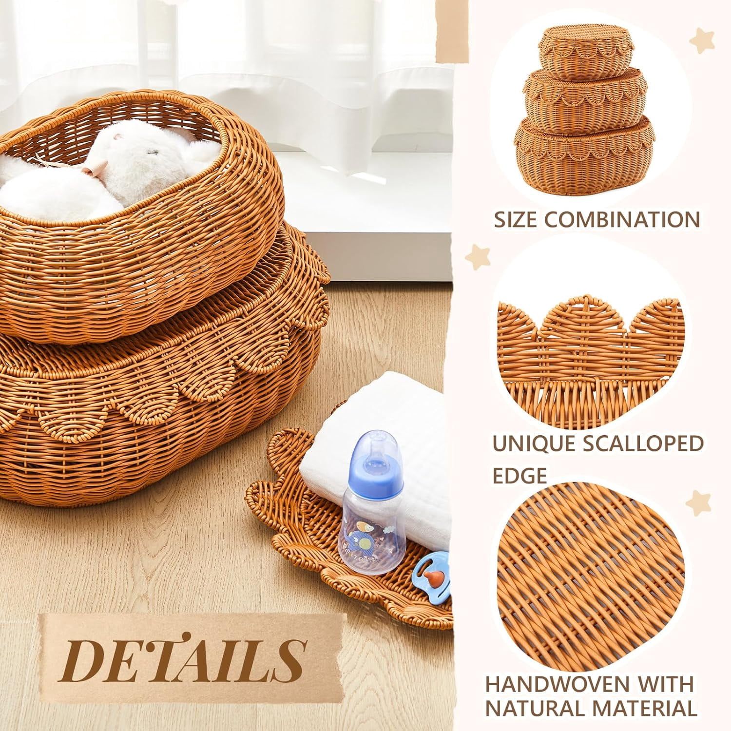 3 Pcs Scalloped Basket, Hand Woven Rattan Basket Set Round Wicker Basket with Lid 18 x 14 x 6 In Wicker Storage Basket for Storage Nursery, Baby, Clothes, Toys Bathroom Decor (S+M+L)