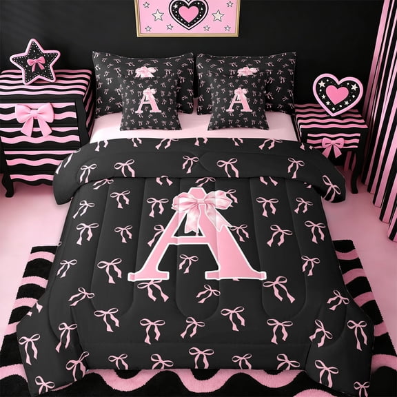 Erosebridal Cute Pink Bow Kids 7-Piece Twin Bedding Sets,Dreamy Princess Style A Alphabet Bedding Comforter Set For Girls,Pink Reversible