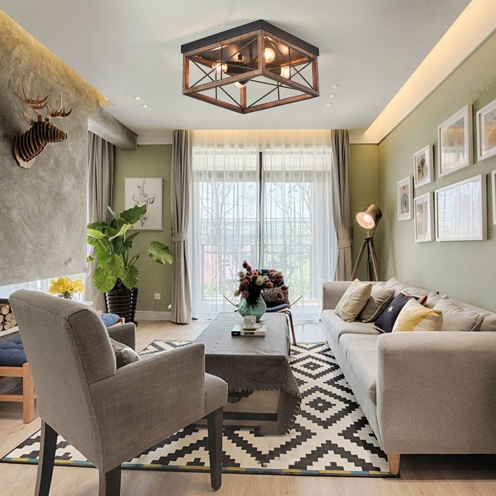 Ceiling Light, Wood Square Ceiling Light Fixture, Industrial Style Light Fixture
