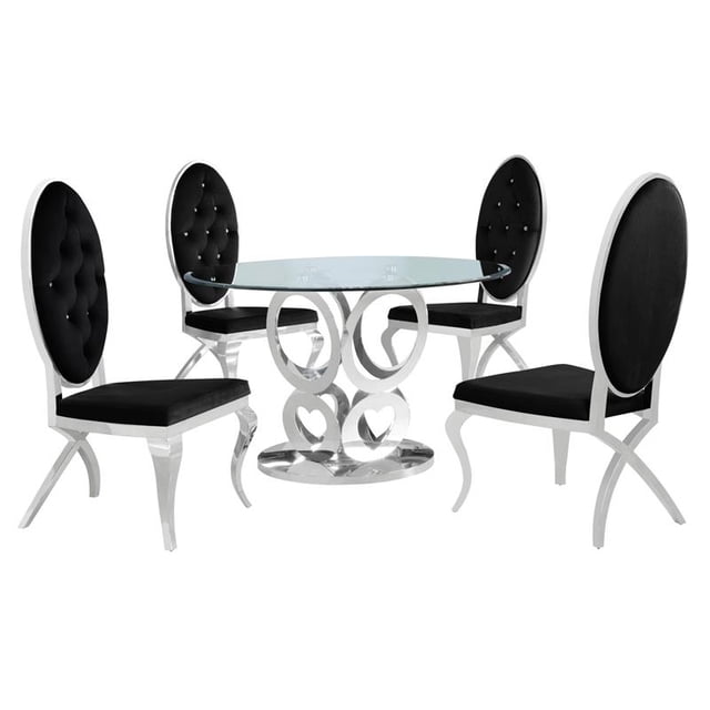 Silver Stainless Steel 5 Piece Dining Set with Round Clear Glass Table