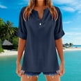thumbnail image 2 of MIXUE Womens Summer Tops Linen Solid Color V Neck Short Sleeve Stylish Comfortable Casual T Shirts Daily-Wear,Blue,L, 2 of 4