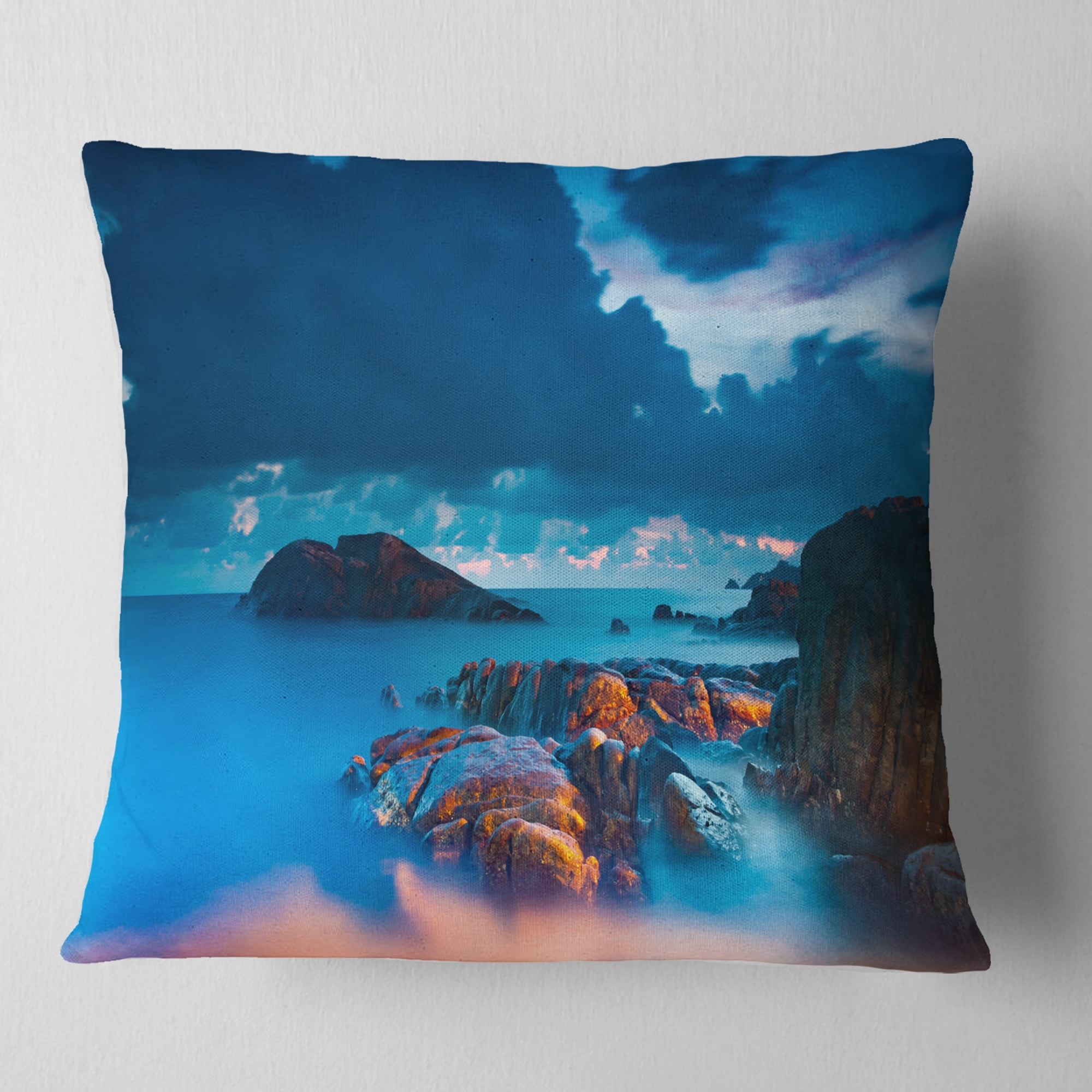 Designart Rocky Sea with Long Exposure - Seashore Photo Throw Pillow - 16x16