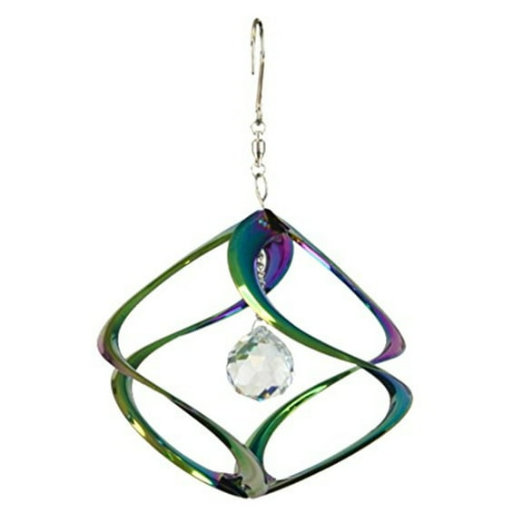 Wind & Weather Hanging Iridescent Metal Spiral Wind Spinner with Clear Crystal Center