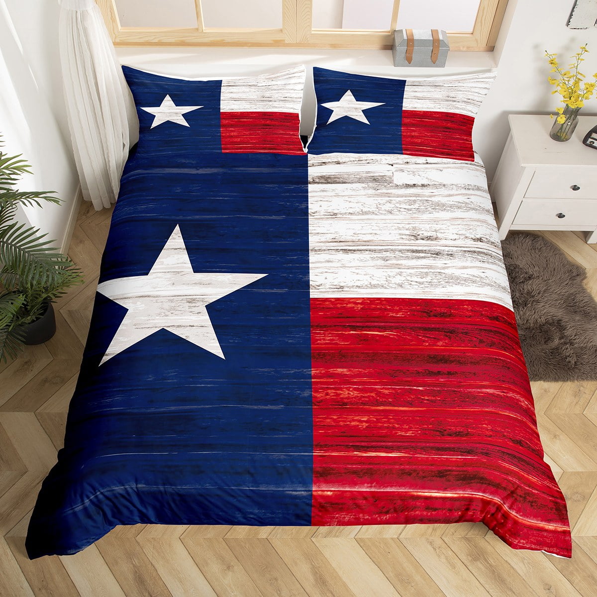 Cowboy Boots for Women Boys Comforter Cover Western Texas Star Bedding Set  Cowboys Gifts for Men,Retro Vintage Red and Blue American Flag Duvet Cover