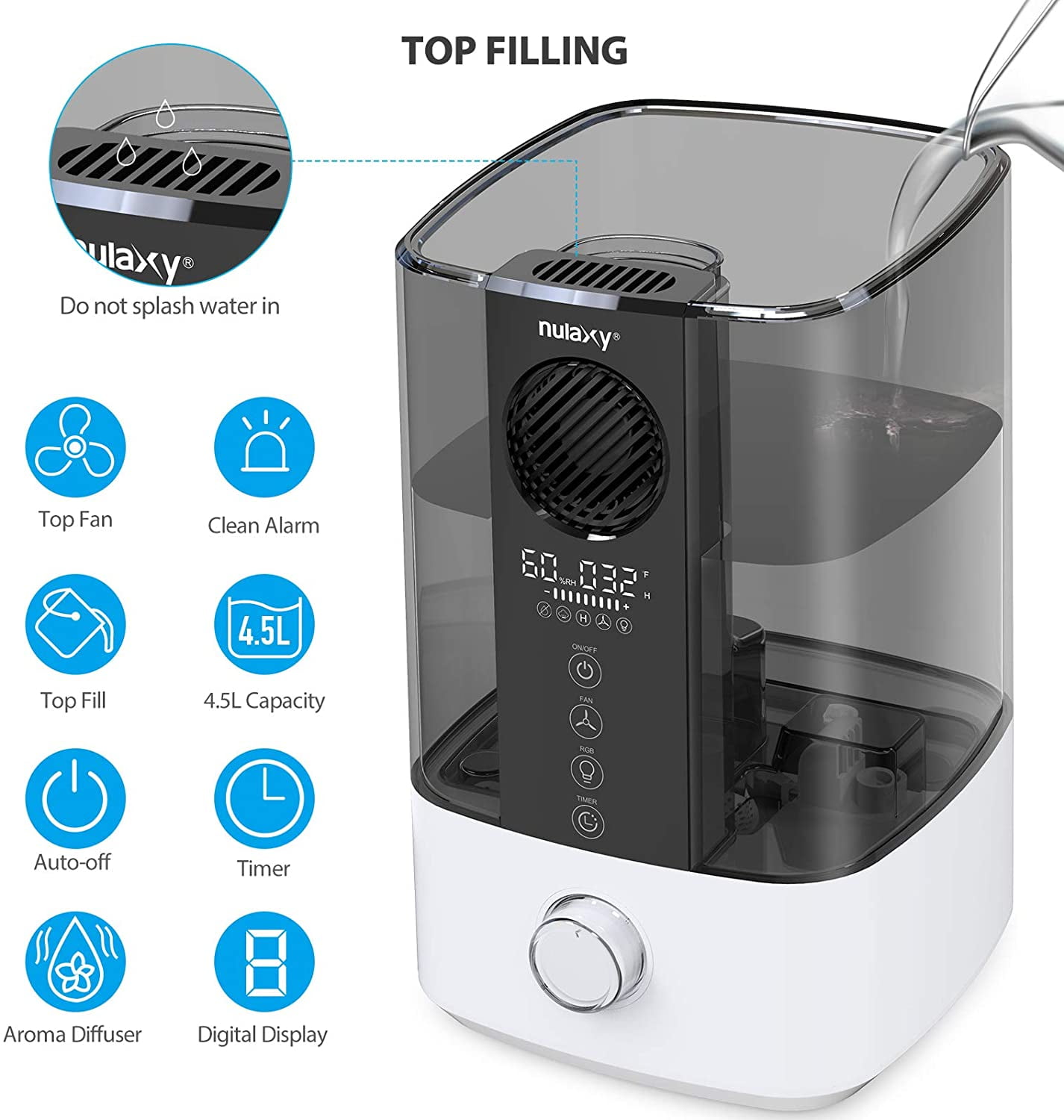 Plannu Top Fan Humidifier with RGB, Top Refill Cool Mist Ultrasonic