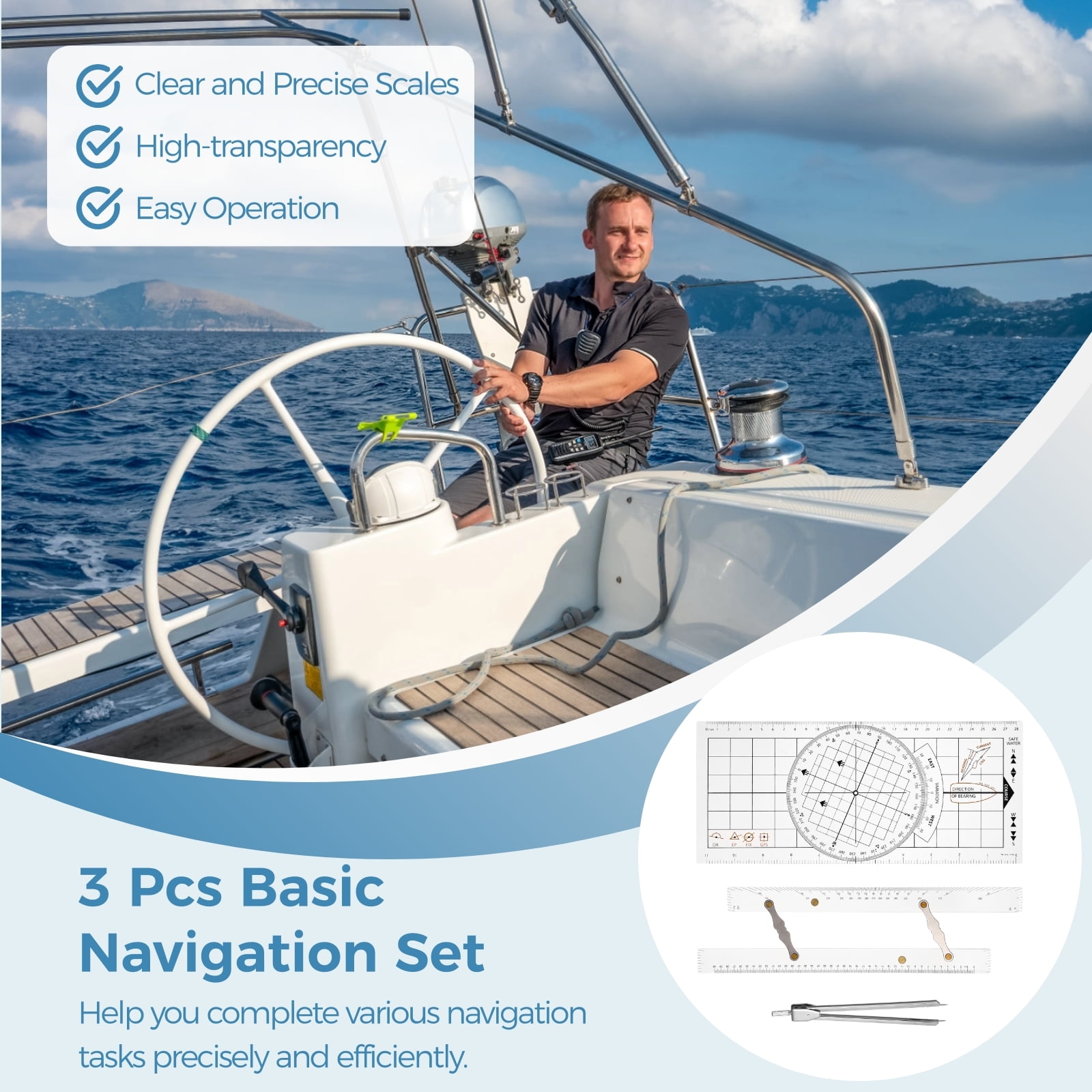 3 Pcs Transparent Basic Navigation Set, Including Nautical Protractor, Marine Navigation Parallel Ruler, Navigation Divider with Fixed Points, Marine Accessories with Clear Scales for Boat