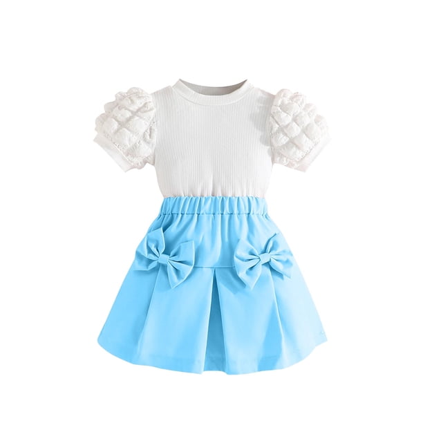 Odeerbi 18M-8Y Niñas Trajes de Verano Tops de Manga Corta de Algodón Con Falda Plisada Conjunto de Dos Piezas Falda Con Lazo Conjunto de Dos Piezas Falda Con Lazo