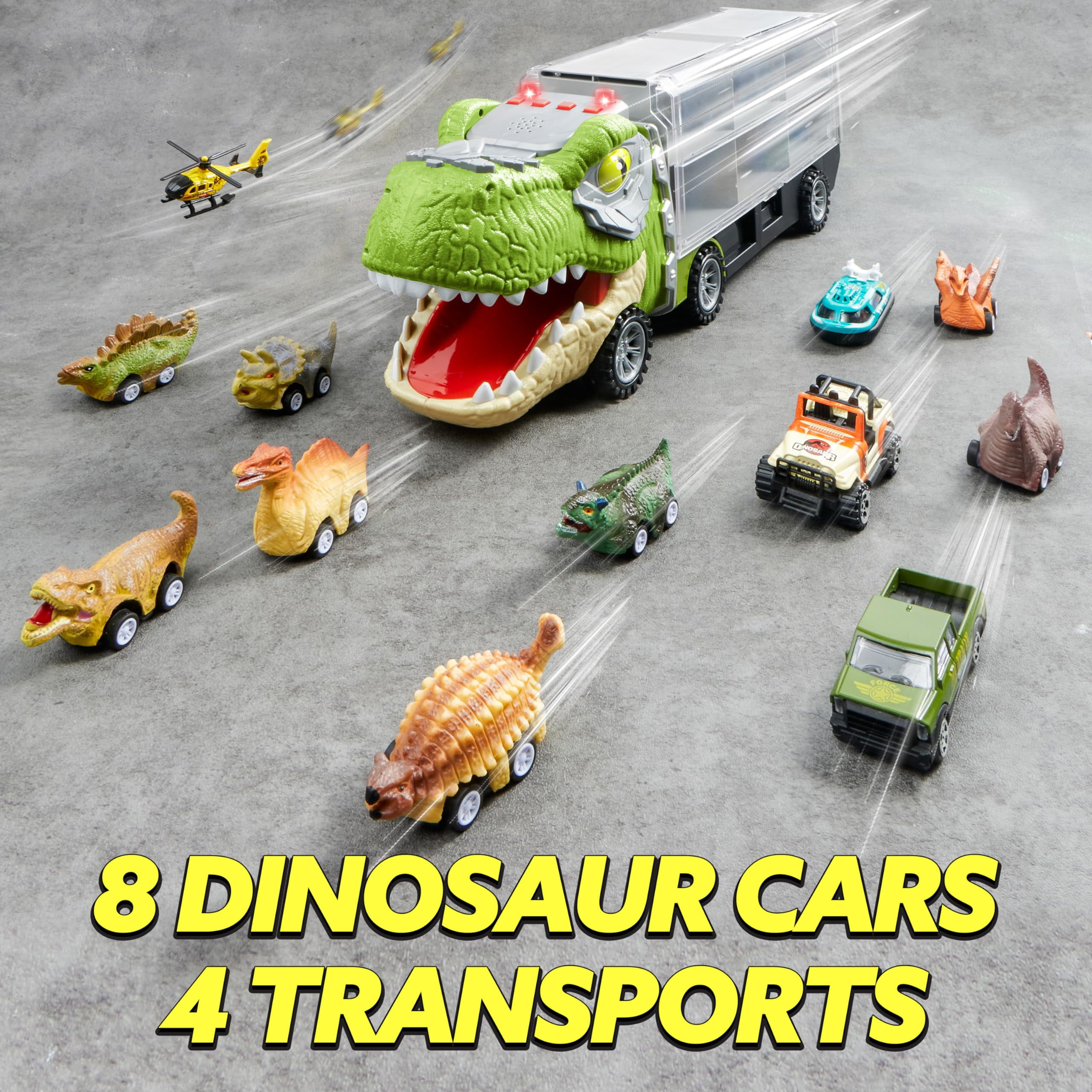 Joyfy 13 in 1 Dinosaur Truck Toys for Kids, Dinosaur Truck with Light & Sound, Including 12 Pull Back Cars, Great Christmas and Birthday Gifts Toy for Boy 3 4 5