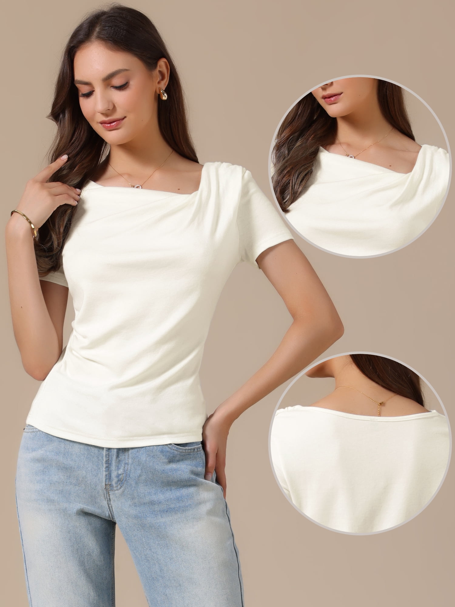 DARING DIVA Women's Short Sleeves Top Ruched Going Out Crop Slim Tee Blouse S White