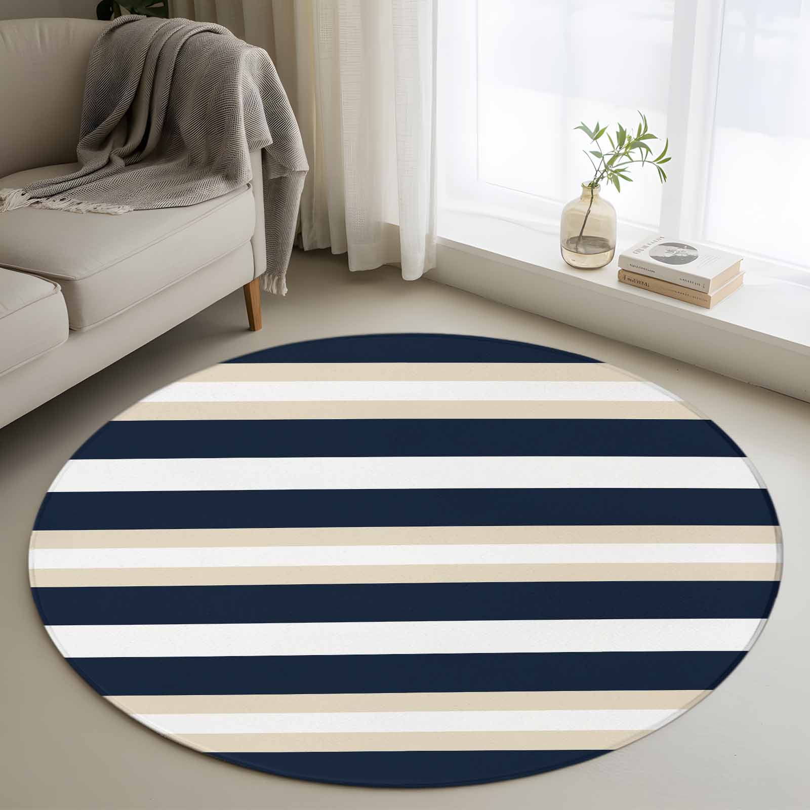Washable Round Area Rug Khaki Navy Blue Striped Line Circle Rugs Floor Carpet for Living Room Bedroom Geometric Horizontal Stripe Soft Non Slip Round Rug 4ft
