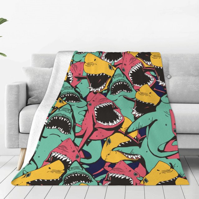 Fotbe Angry Shark Pattern Manta de Franela Acolchonada con Estampado, Súper Suave y Esponjosa, Extra Grande para Sofá, Cama, Uso Todo el Año-40"x30"