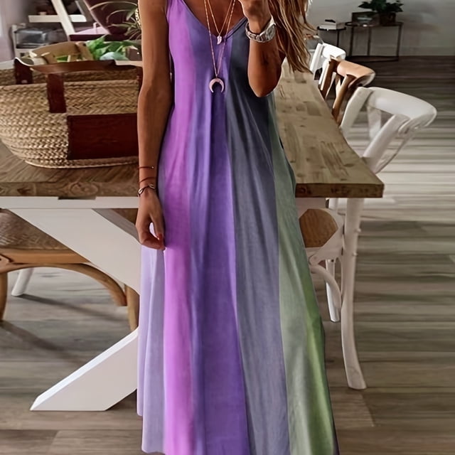 Robe Maxi à Blocs de Couleur à Col en V pour Femmes Grande Taille - Robe Camisole d'Été Confortable et Stylée avec Extensibilité Moyenne