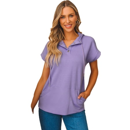 Women s Purple Short Sleeve Buttoned Neck Hoodie with Kangaroo Pocket | [ZhiHiMeRi] | (US 4-6)S