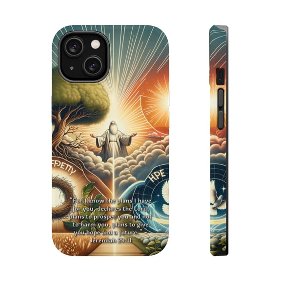 DistinctInk Tough Case for Apple iPhone 13 (6.1" Screen), Compatible with MagSafe Charging - "For I Know the Plans: Jeremiah 29:11 Offers Hope and Prosperity"