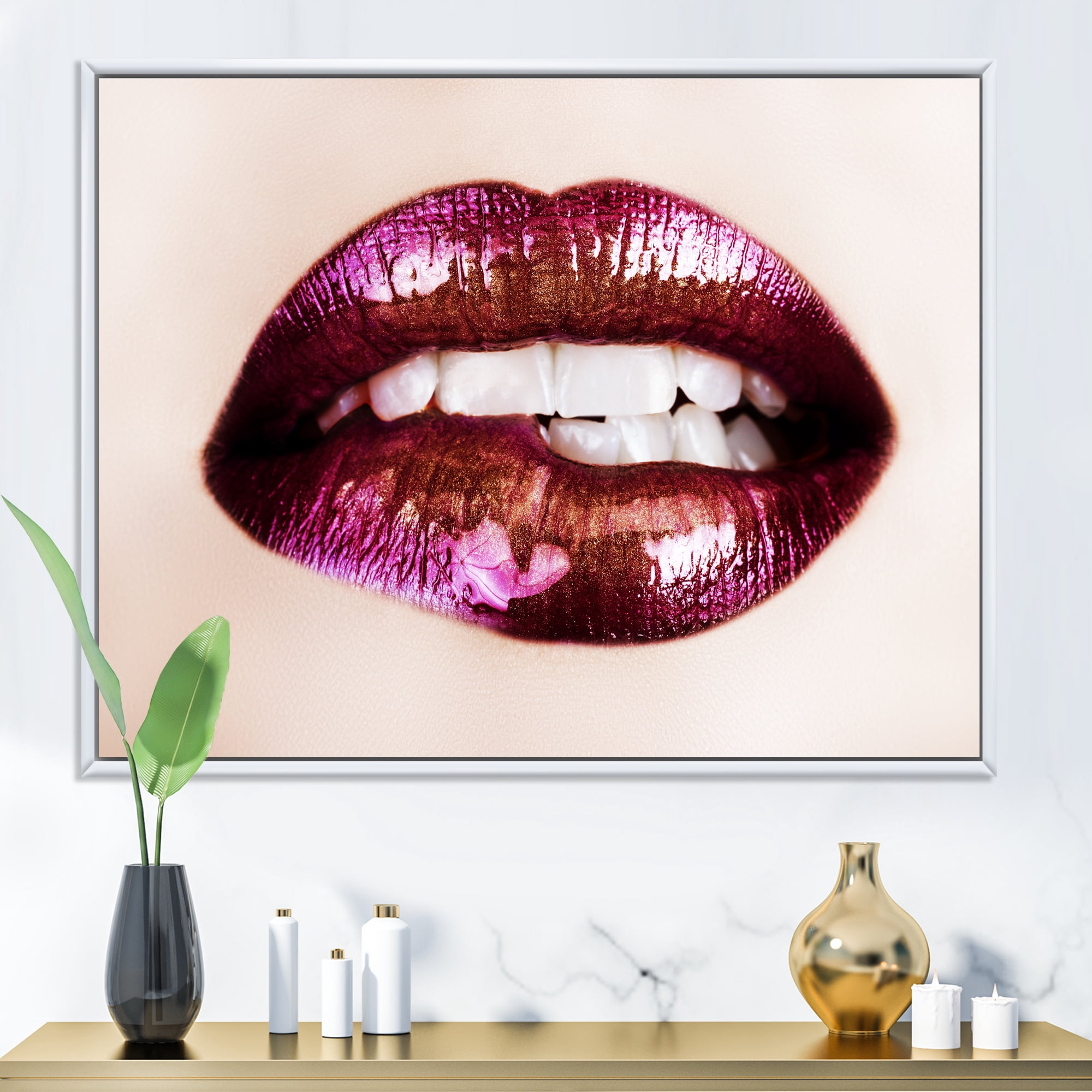 Designart 'Close-Up Of Purple Female Lips' Modern Framed Canvas Wall Art Print