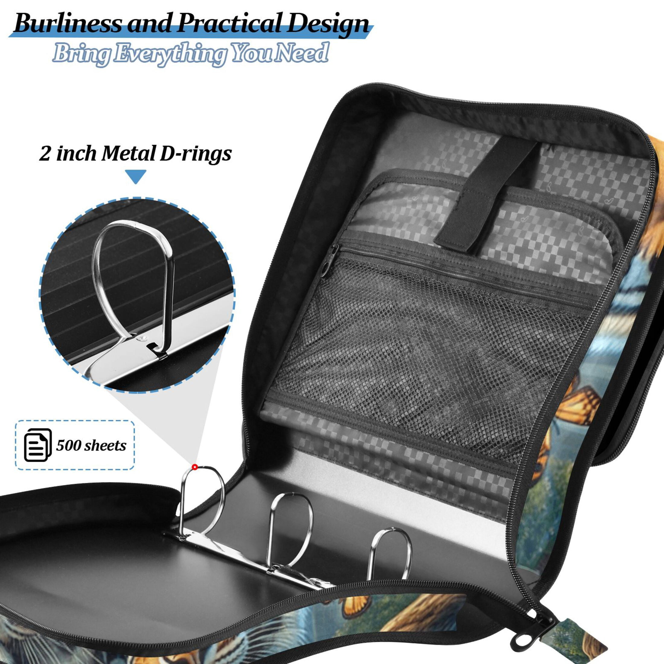 3 Ring Zipper Binder with Shoulder Strap Waterproof Trapper Keeper 2 Inch D-Ring 500 Sheets Capacity Family Tigers and Leopards