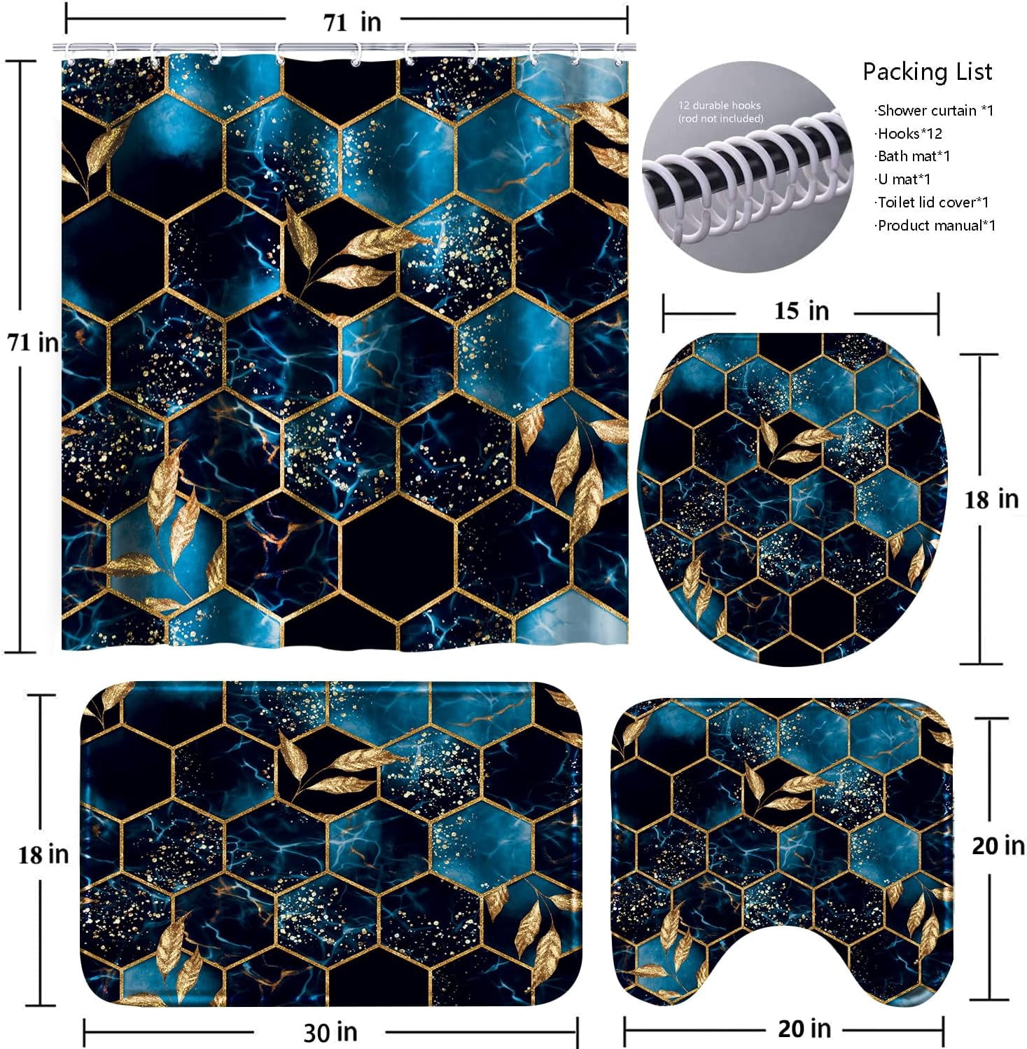 4 Pcs Bathroom Shower Curtain Set,Bathroom Sets with Rugs(Bath Mat,U Shape and Toilet Lid Cover Mat) and 12 Hooks,Sky Blue Honeycomb Marble