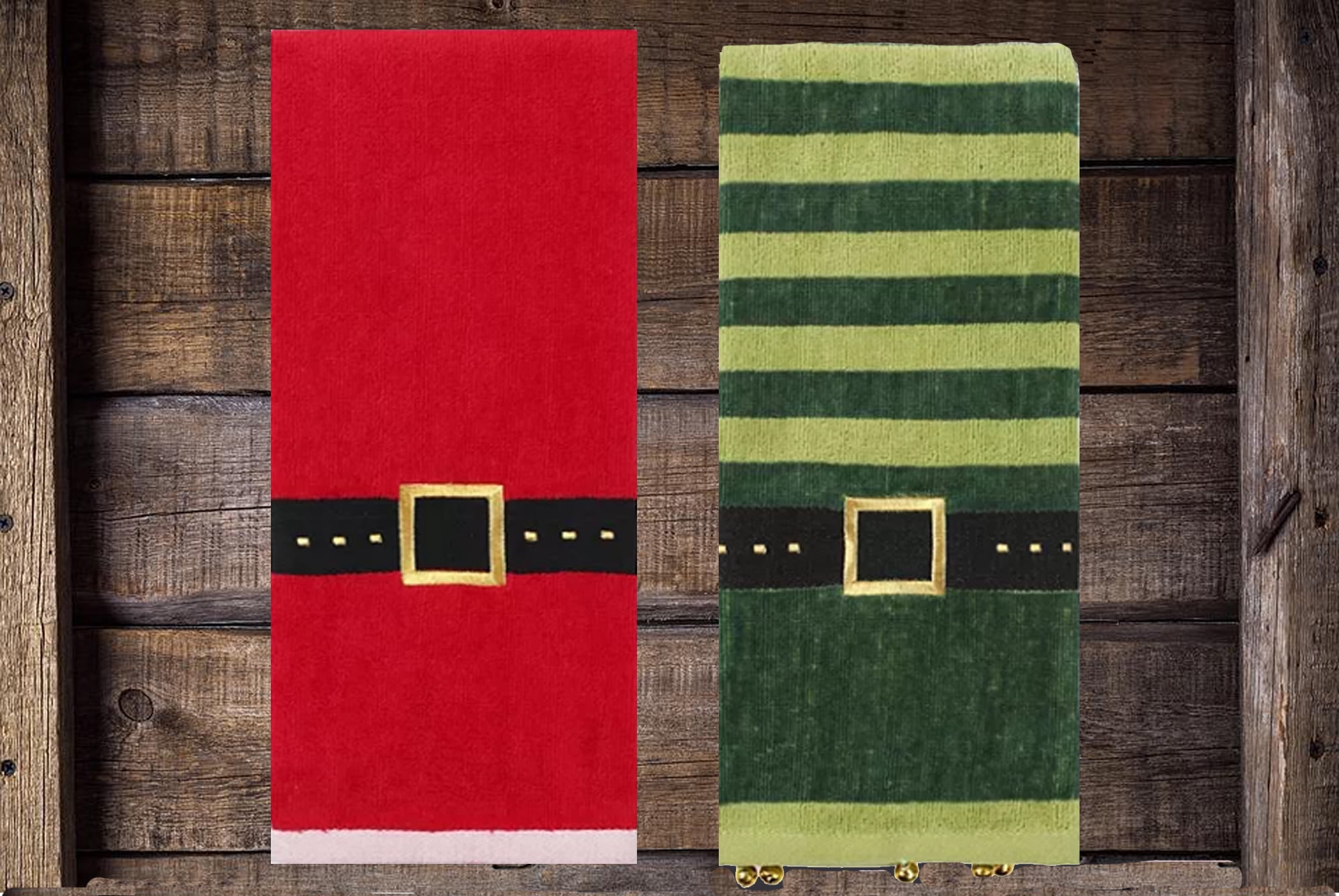 St. Nicholas Square Christmas Bath Hand Towels, Santa Elf Belt Buckle, 2 Piece