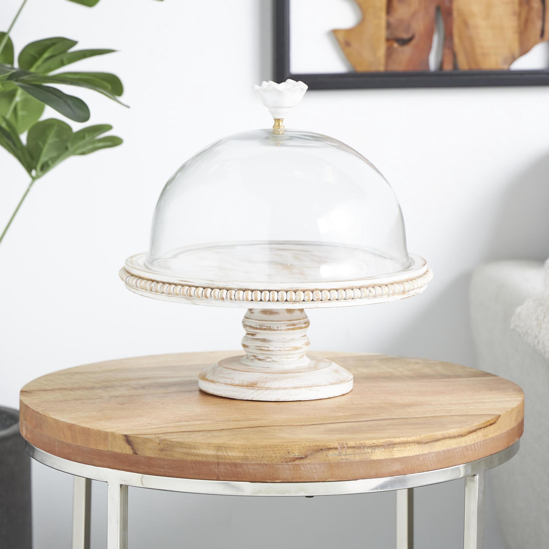 DecMode 12" x 12" Cream Mango Wood Floral Decorative Stand with Glass Dome, 1-Piece