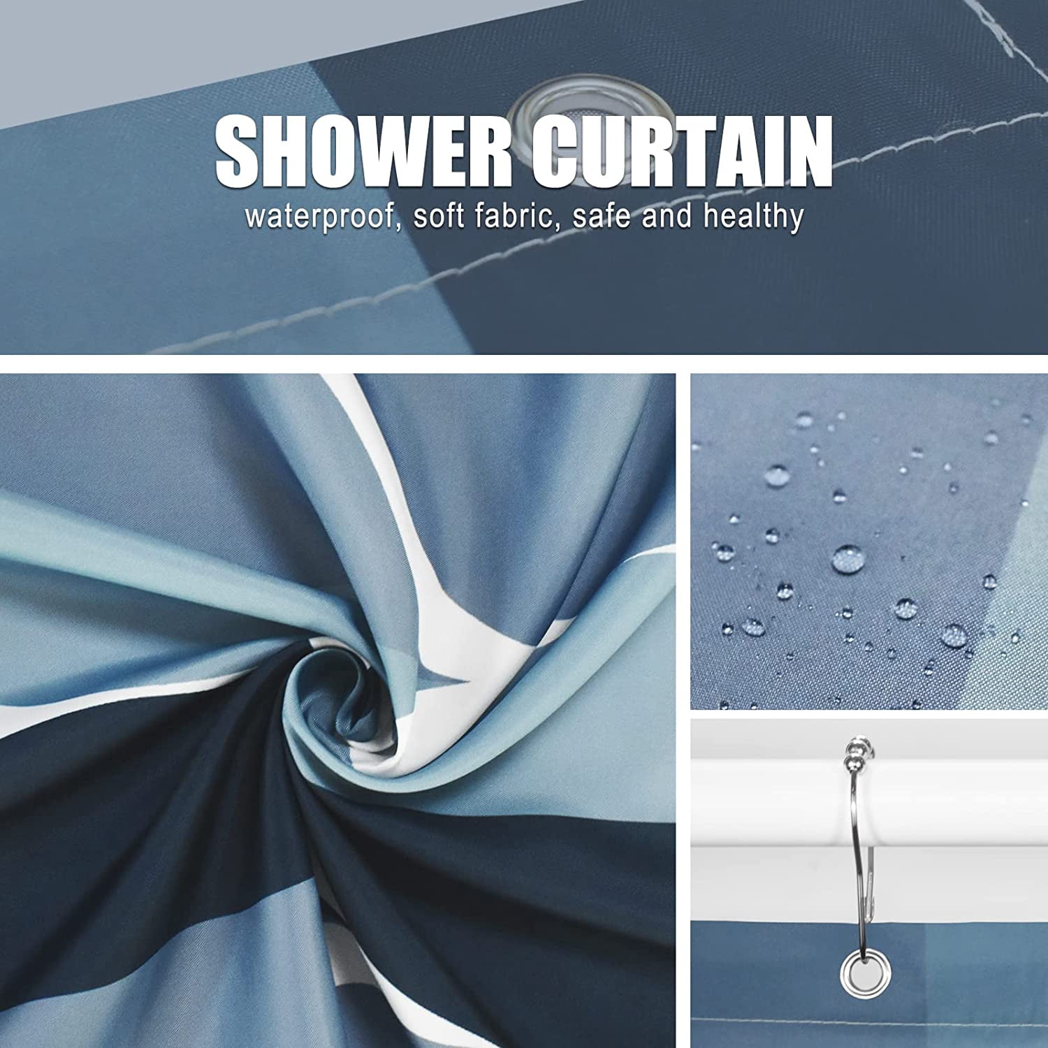 Aegean Blue Geometric Shower Curtain, Waterproof Design and Polyester, Quick-Drying, Weighted Hem, Blue Fabric Shower Curtains Set for Bathroom W 36 x H 72, Durable and Washable with 8 Hooks