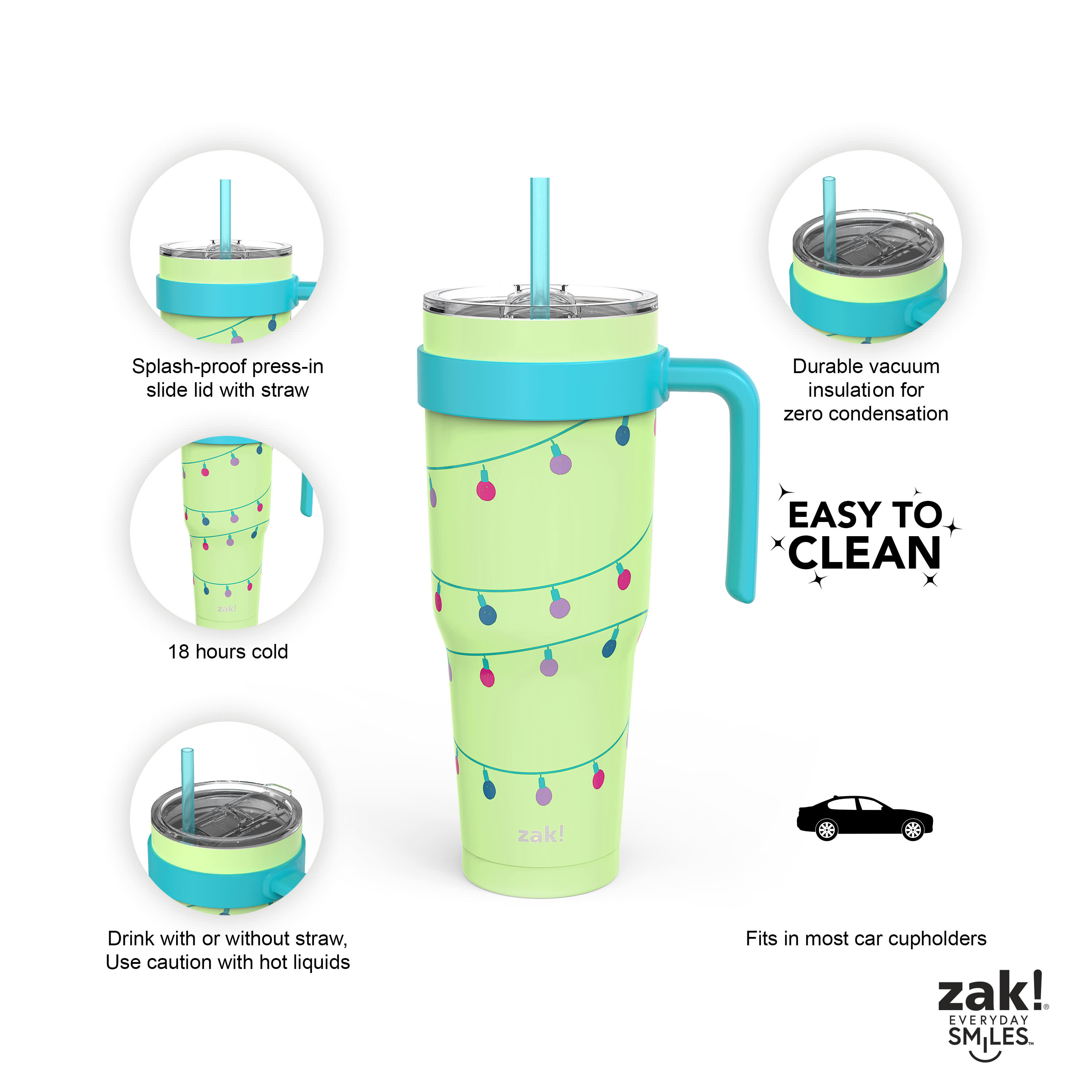 Zak Designs Summer Prints 40 Ounce Stainless Steel Tumbler, Cactus Pink 