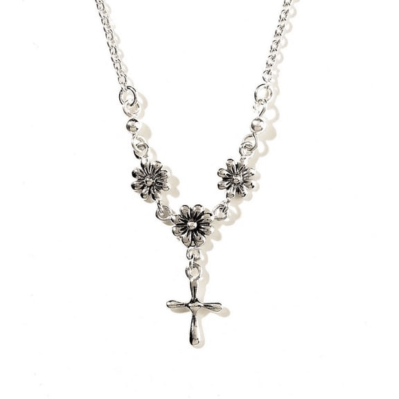 Silver Plated Cross With Flowers Necklace