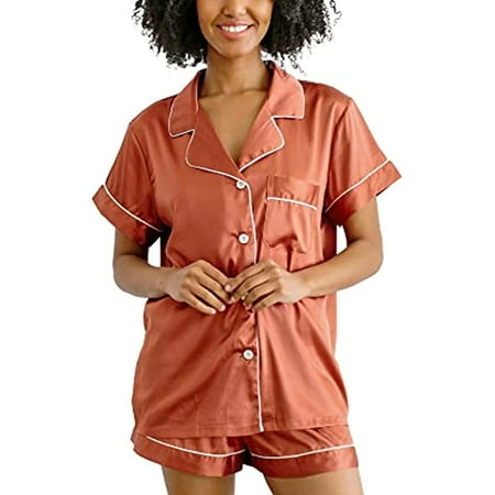 

Avamo Ladies Sleepwear Lapel Pajamas Sets Button Down Nightwear Women Loose 2 Piece Outfits Home Clothes Lounge Set Orange 2XL