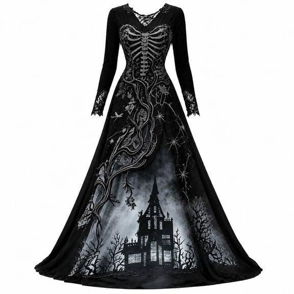 Women Halloween Witch Maxi Dress, Long Sleeve V Neck Lace Cuff A Line Floor Length Dress, Gothic Haunted House Printed Evening Party Dress