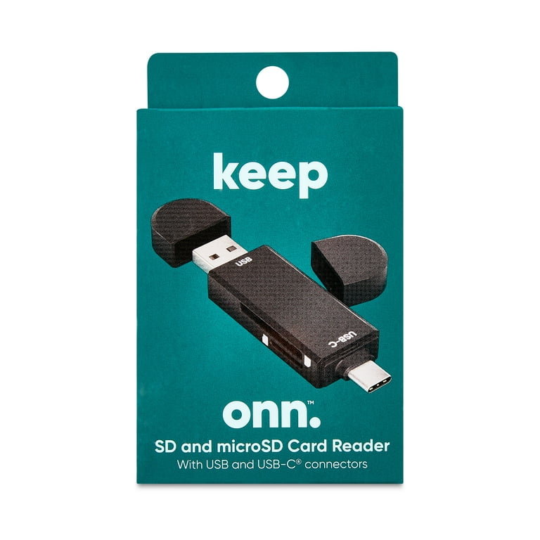 onn. SD and microSD Card Reader with USB and USB-C Connectors 