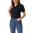 thumbnail image 1 of Camisa de mezclilla INSPIRE CHIC para mujer con cuello Peter Pan, mangas abullonadas, blusa vintage en azul marino, 1 of 1