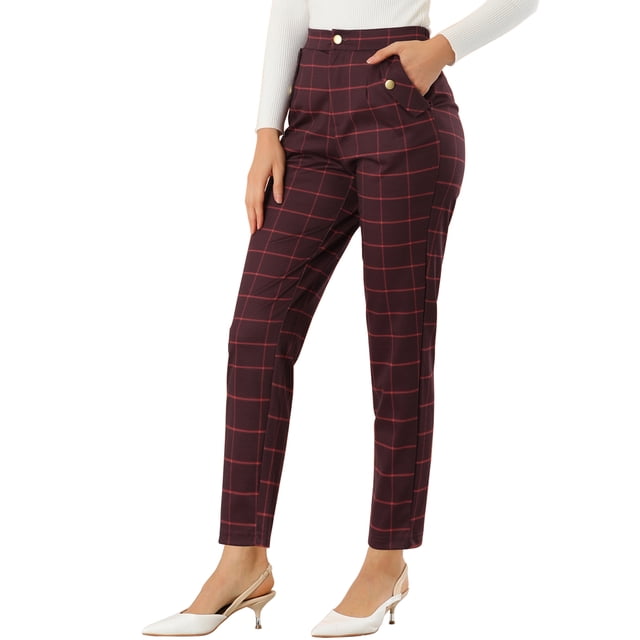 Pantalones Largos Rectos de cintura Elástica Allegra K Tartán Vintage Mujer Borgoña XS