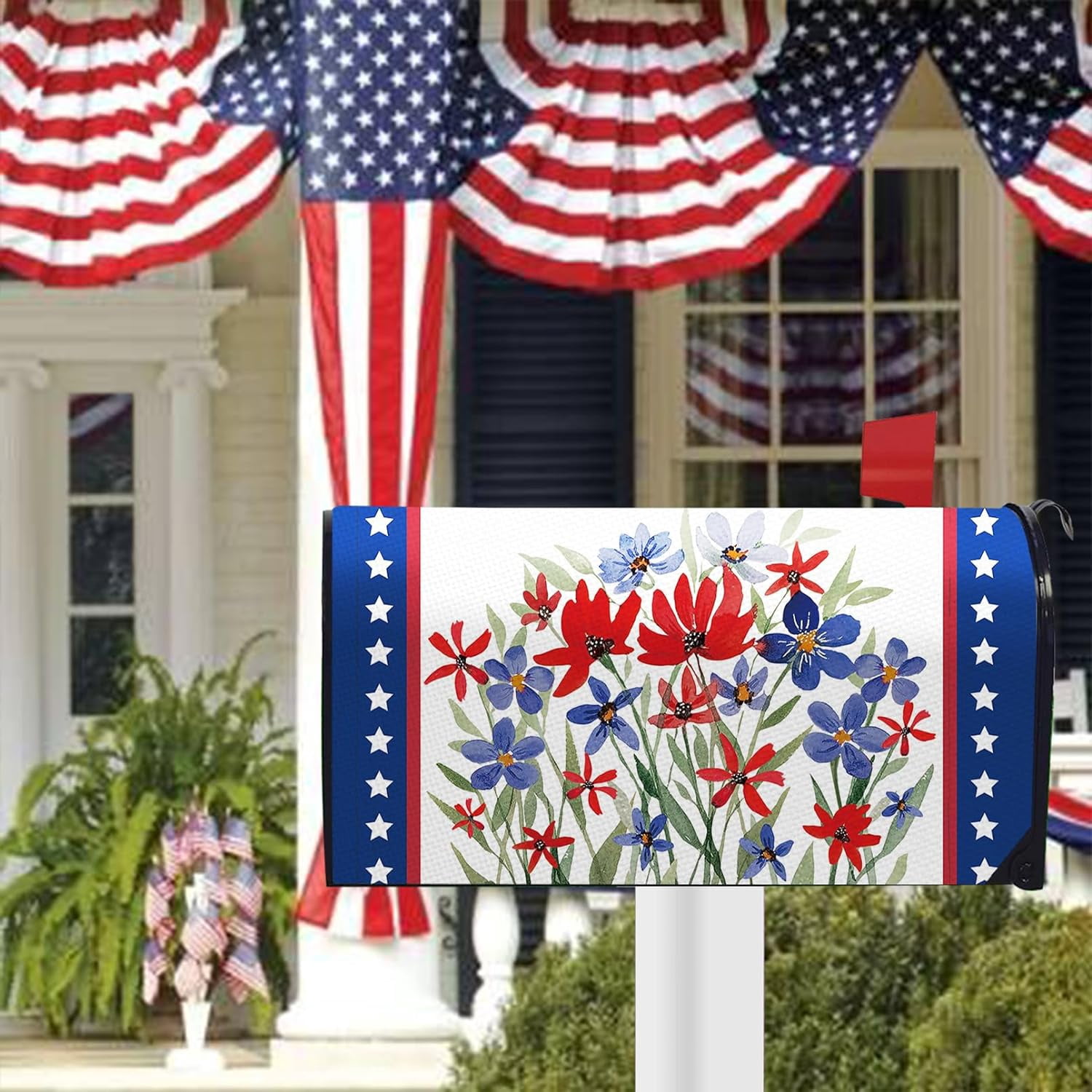 4th of July Patriotic Mailbox Cover Magnetic Standard Size 21"x19", America Wild Flower Floral Decorative Post Letter Box Wrap Decor, American USA Stars Farmhouse Garden Yard Outdoor Decoration