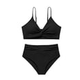 thumbnail image 5 of OOOUM Girls 2 Piece Swimwear Twist Front Halter Triangle Bikini Set Kids Soft Quick Dry Vacation Bathing Suit Black 11-12 Years, 5 of 7