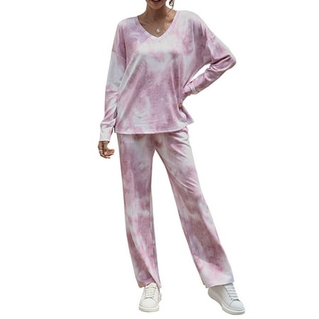 

Homgro Women s Long Sleeve Pajamas Set Tie Dye Printed Soft Pajama Set 2 Piece Loose Fit Cotton V Neck Pj Set Red 14