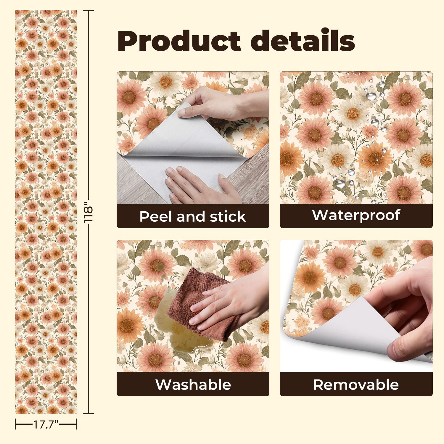 Peel and Stick Wallpaper 17.7in x 9.8ft Floral Sunflowers Pastel Daisies Vintage Contact Paper Vinyl Waterproof Self Adhesive Wall Paper for Bedroom Shelf Cabinet Renter Friendly