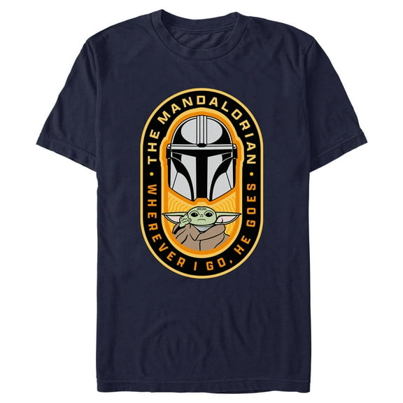 Men's Star Wars: The Mandalorian Grogu and Mando Wherever I Go, He Goes Badge Graphic Tee Navy Blue 2X Large