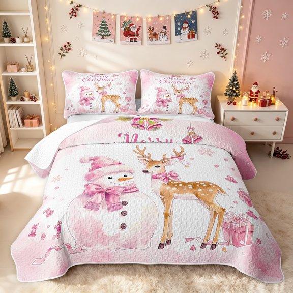 Erosebridal Kawaii Snowman Twin Quilt Set, Bowknot Xmas Reindeer Twin Coverlet Set, White Pink, 2-Piece, 1 Bedspread and 1 Pillowcase