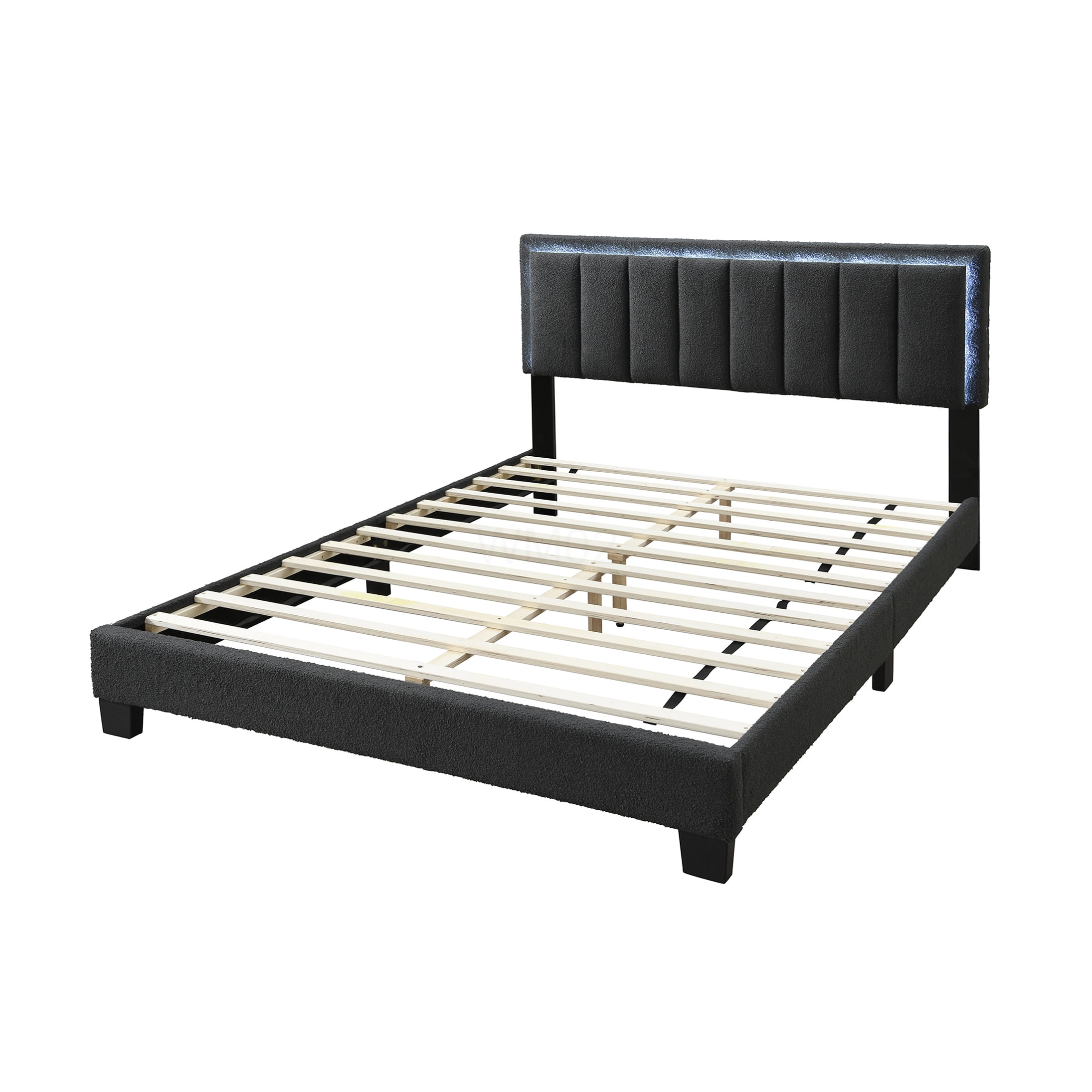 Queen Size Upholstered Bed Frame with LED Headboard, Channel Tufted Fabric Platform Bed, Modern Bedroom Furniture