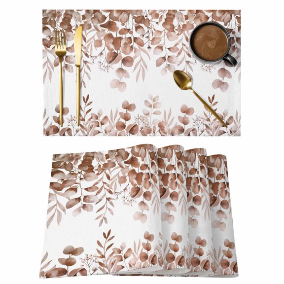 Eucalyptus Leaves Placemats Set of 4, Grey Pink Summer Botanical Watercolor Weeping Placemats for Dining Table, Place Mats for Kitchen Tabletop, Waterproof Wipeable Dining Table Mats Set