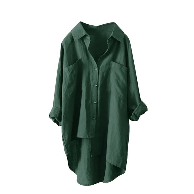 Chemises à Boutons pour Femmes Manches Longues Retroussables Ourlet Haut-Bas Blouse Décontractée
