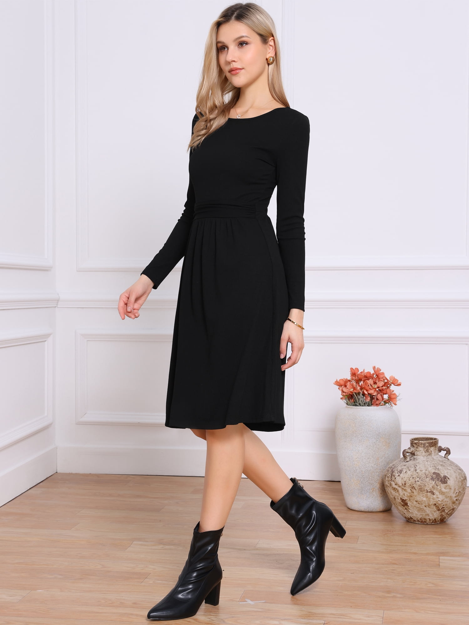 DARING DIVA Women's Knit Long Sleeve Crew Neck High Waist A-Line Dress L Black