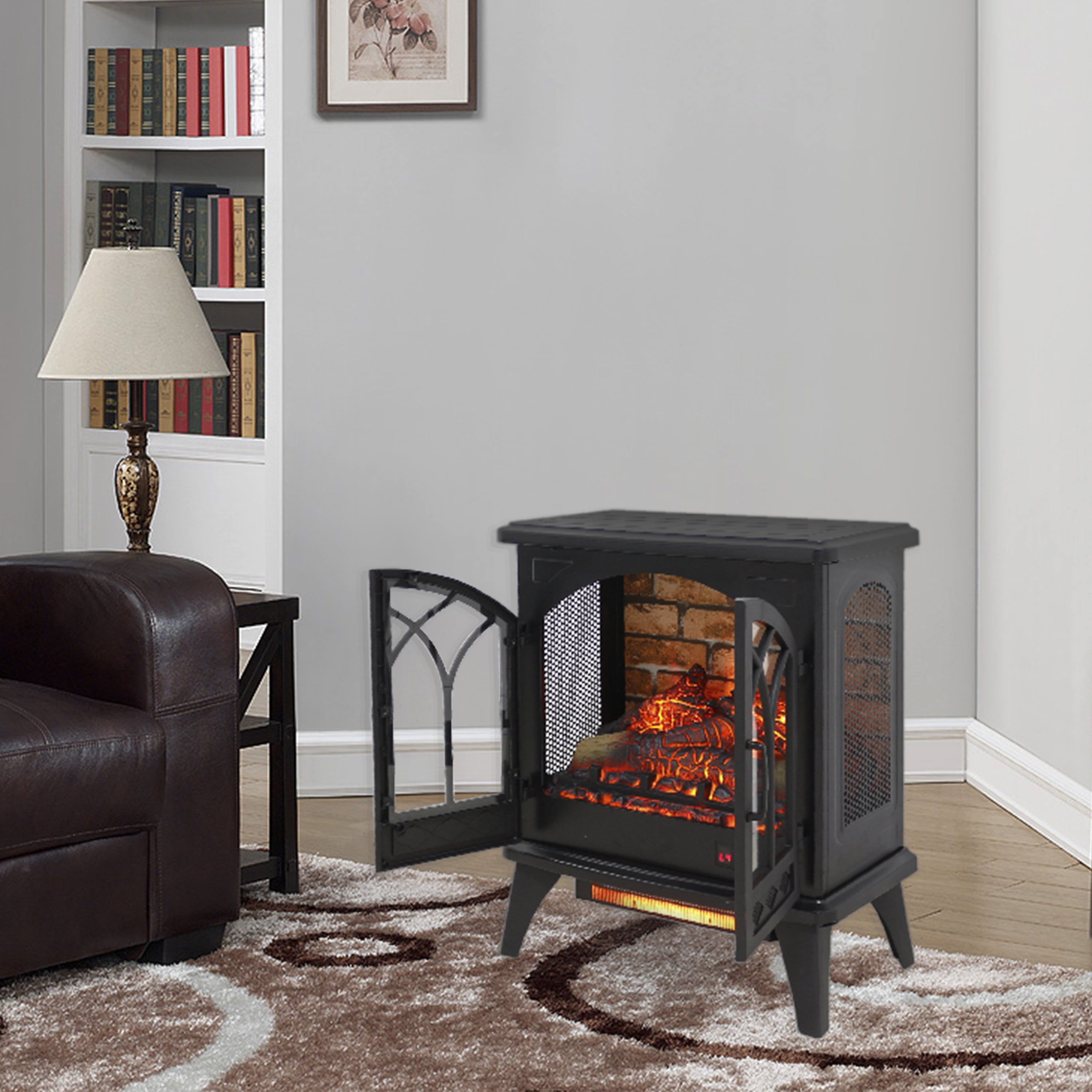 24'' Freestanding Electric Fireplace Heater Stove, Legahome Portable Infrared Fireplace Heater with Remote Control, 3D Realistic Flame, Adjustable Brightness, Temp Control and Timer, Brick Background