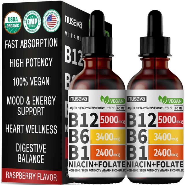 (paquete de 2) Gotas líquidas de vitamina B12 NUSAVA 5000 mcg B6 B1 Vegan