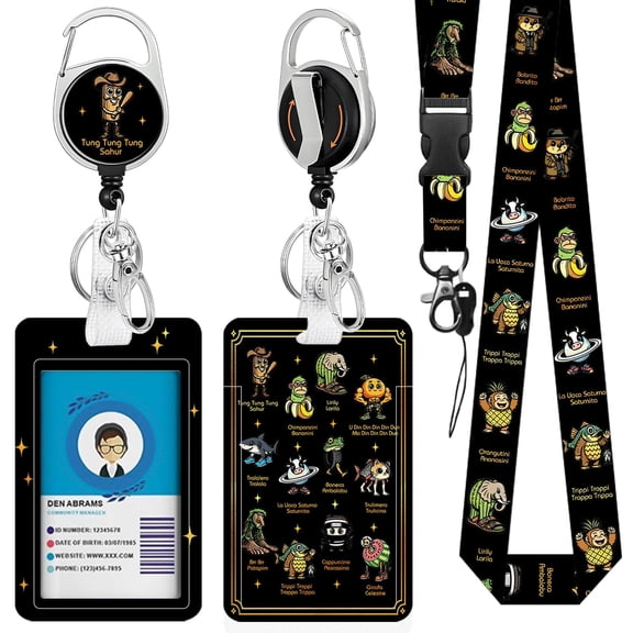 JOPJOLIW Italian Brainrot Badge Holder with Lanyard, Funny Meme ID Badge Holder with Retractable Reel Clip and Keychain, Vertical Identity Card Cover Case Protector for Nurse Teacher