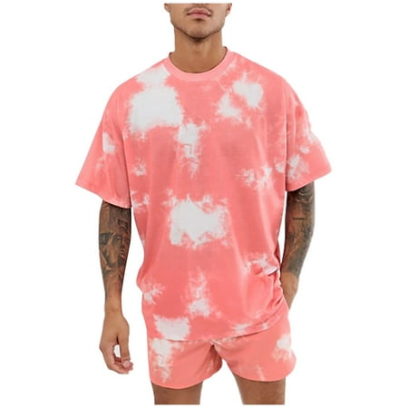 REORIAFEE Men s Set Summer Outfits Lightweight Casual Men Tracksuit 90s Outfit Mens 2 Piece Outfit Sport Set Short Sleeve Tie Dye Print Short Sets Pink M