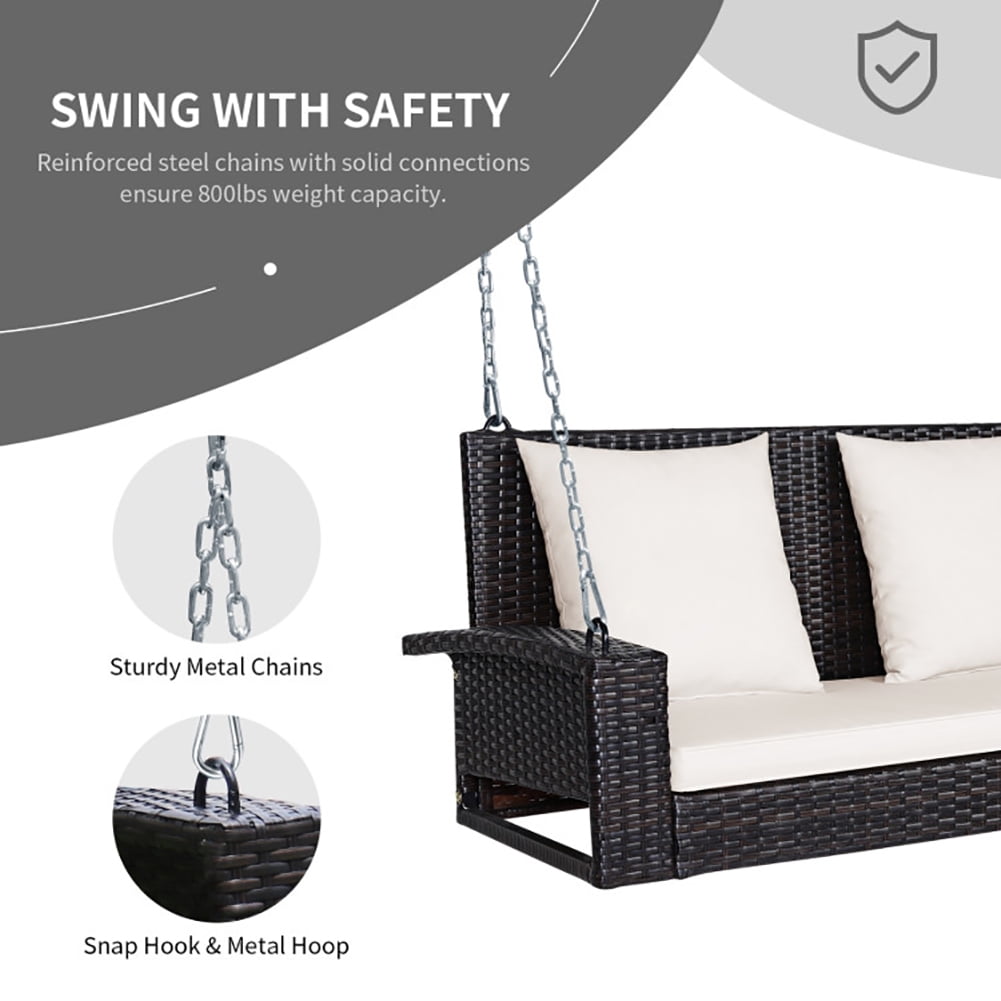 Aimee Lii 2-Person Patio Rattan Porch Swing with Cushions, Outdoor Patio Furniture, White Aimee Lii 2-Person Patio Rattan Porch Swing with Cushions, Outdoor Patio Furniture, White