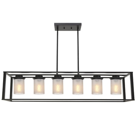 MELUXEM Kitchen Island Lighting, 6 Light Island Pendant Light for Kitchen Farmhouse Style in Black Finish, Rustic Metal Light Fixture with White Linen Glass Shade Hanging for Dining Room