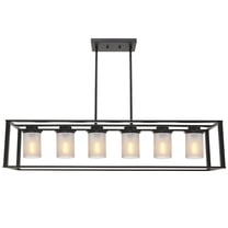 MELUXEM Kitchen Island Lighting, 6 Light Island Pendant Light for Kitchen Farmhouse Style in Black Finish, Rustic Metal Light Fixture with White Linen Glass Shade Hanging for Dining Room